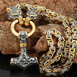 Dual Wolf Thor's Mjolnir Viking Chain Necklace, Stainless Steel