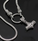 Norse Viking Snake Chain Odin's Ravens Of Thor's Hammer Mjolnir Necklace