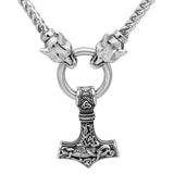 Men stainless steel Viking Odin wolf head with Thor hammer MJOLNIR pendant necklace -Dragon Chain