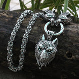 Stainless Steel Dual Wolves/ Odin Guardian Pendant Necklace