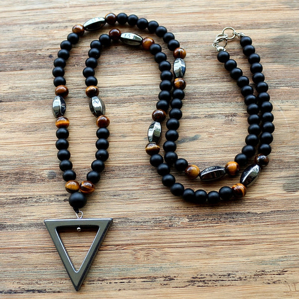 6MM Tiger stone bead Hematite triangle pendant Necklace
