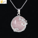 Necklaces Dragon Pendants Natural Stone Purple Crystal Pink Quartz Tiger Eye Lava Rock Flat Round Beads Fittings F304