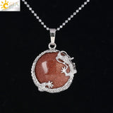 Necklaces Dragon Pendants Natural Stone Purple Crystal Pink Quartz Tiger Eye Lava Rock Flat Round Beads Fittings F304