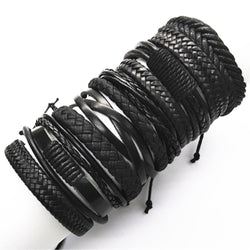 10pcs/set Black Leather Wrap Woven Handmade Bracelets