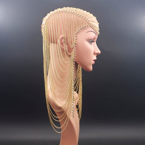 Luxury Full Metal chain Gold color Long Tassel Head chain hair jewelry