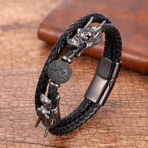 Viking Stone Dragon Bracelet, Stainless Steel/ Leather/ Tiger Eye