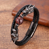 Viking Stone Dragon Bracelet, Stainless Steel/ Leather/ Tiger Eye