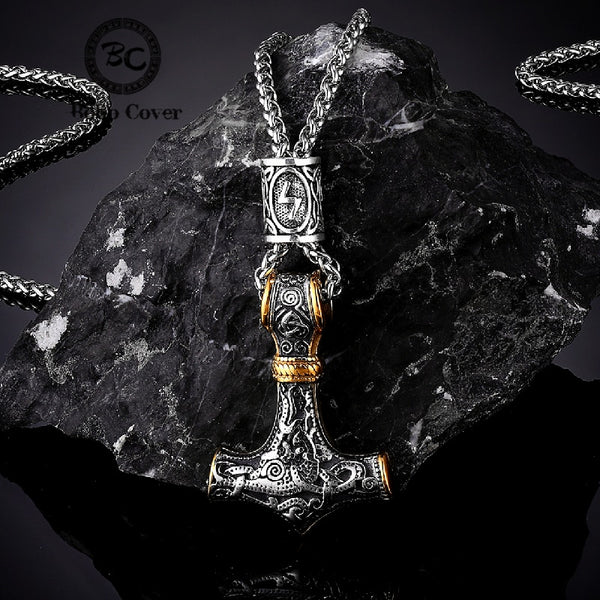 Viking Thor's Hammer Mjolnir Rune Amulet Necklace, Stainless Steel