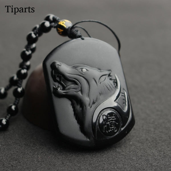 Black Obsidian Wolf Head Amulet Pendant Necklace