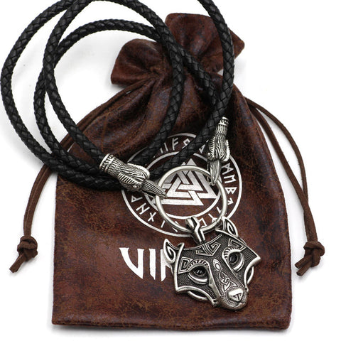 Norse Viking Leather Cord Odin's  Ravens Of Thor's Wolf Necklace NLID003