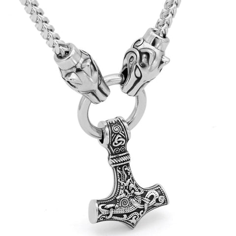 Men stainless steel viking oidn wolf head with thor hammer MJOLNIR pendant necklace -Dragon Chain