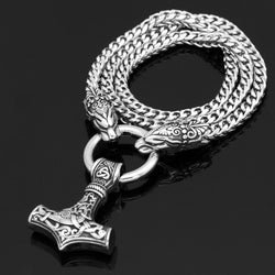 Men stainless steel Viking Odin wolf head with Thor hammer MJOLNIR pendant necklace -Dragon Chain