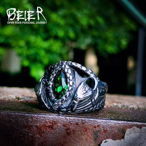 Stainless Steel Green Snake Eye Amulet Ring